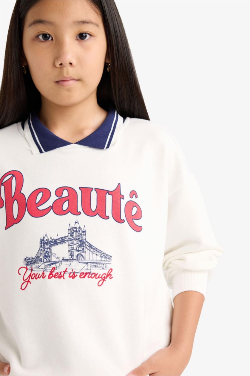 بنات بيج فاتح سويت شيرت بنات اوفر سايز قصة مريحة برقبة بولو