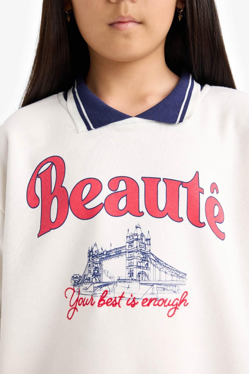 بنات بيج فاتح سويت شيرت بنات اوفر سايز قصة مريحة برقبة بولو