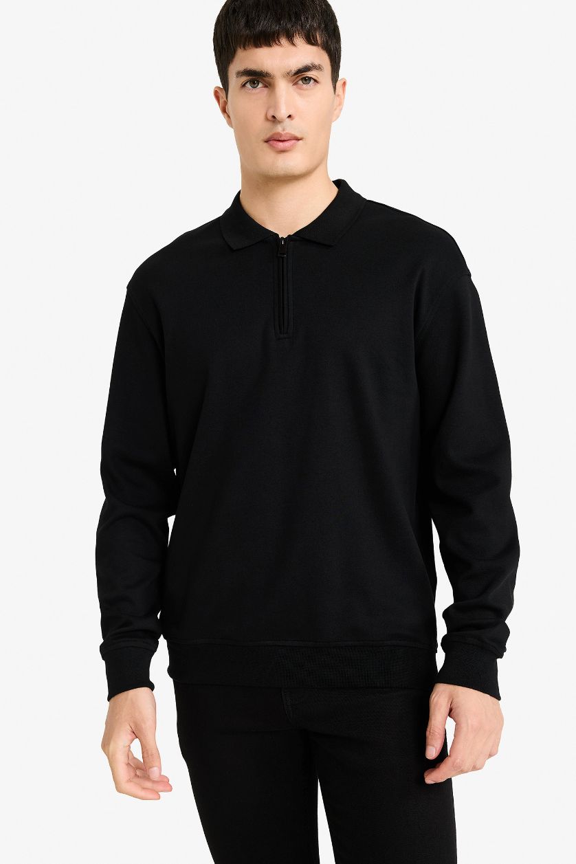Erkek Siyah %100 Pamuk Yarım Fermuarlı Sweatshirt
