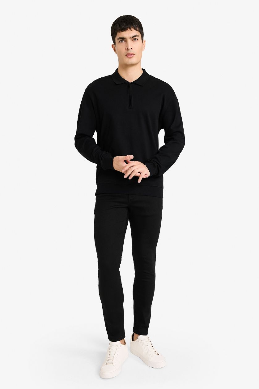 Erkek Siyah %100 Pamuk Yarım Fermuarlı Sweatshirt