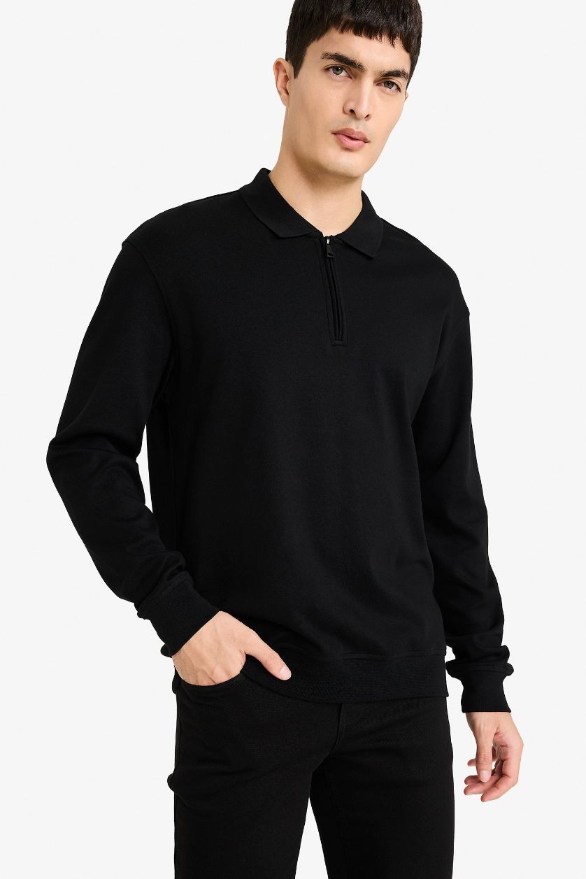 Erkek Siyah %100 Pamuk Yarım Fermuarlı Sweatshirt