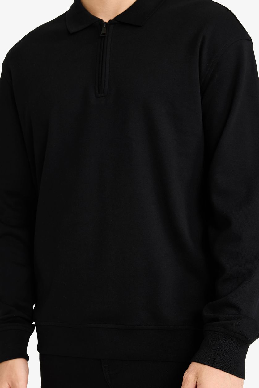 Erkek Siyah %100 Pamuk Yarım Fermuarlı Sweatshirt
