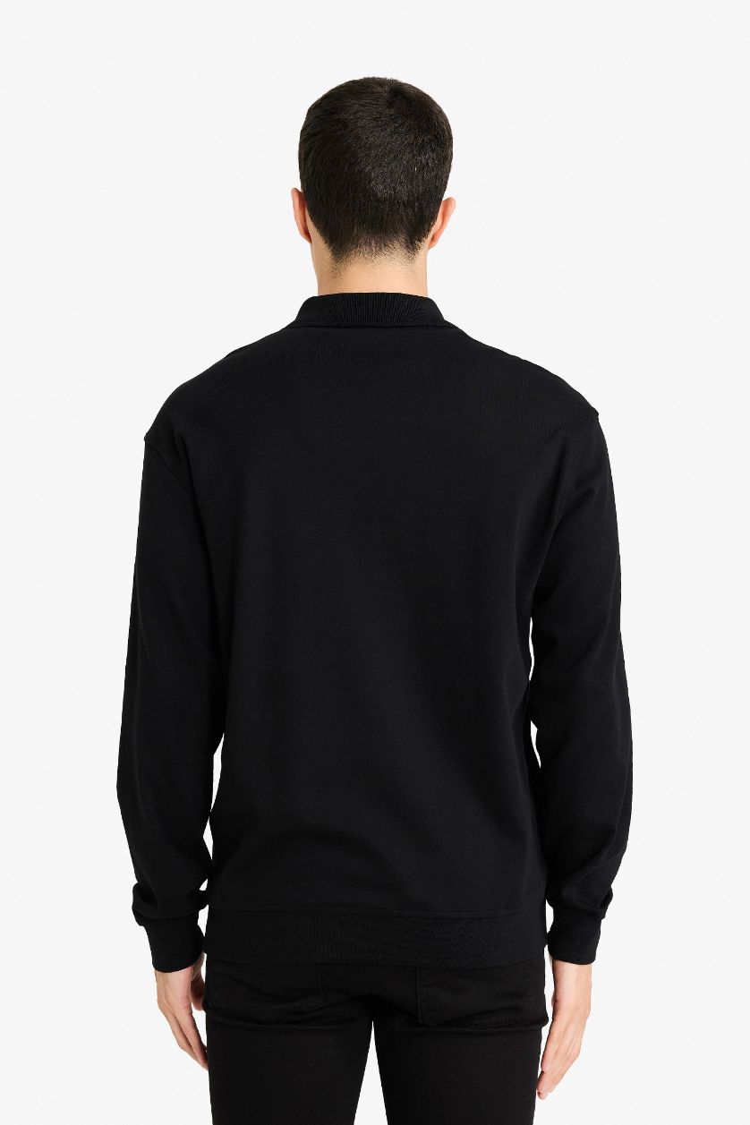 Erkek Siyah %100 Pamuk Yarım Fermuarlı Sweatshirt