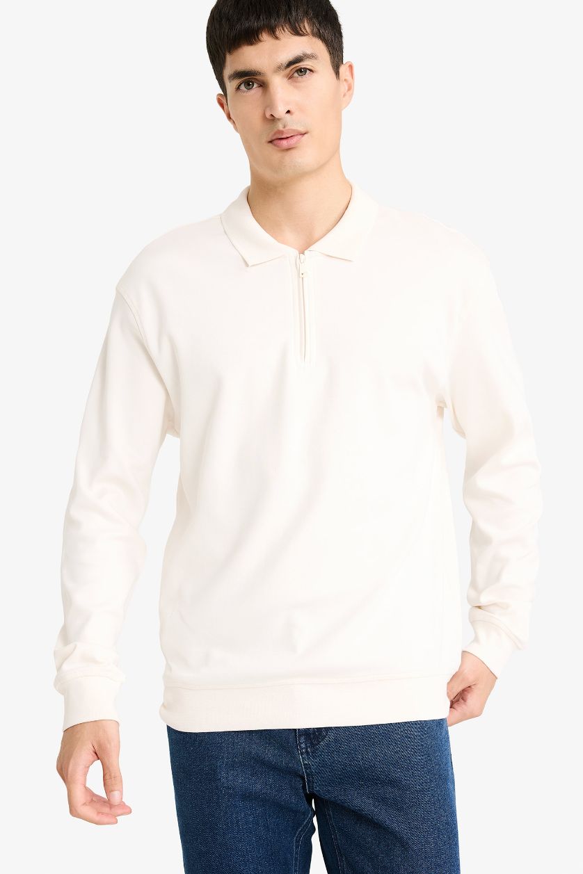 HOMME Écru Sweatshirt à col polo demi zippé Coupe régulière