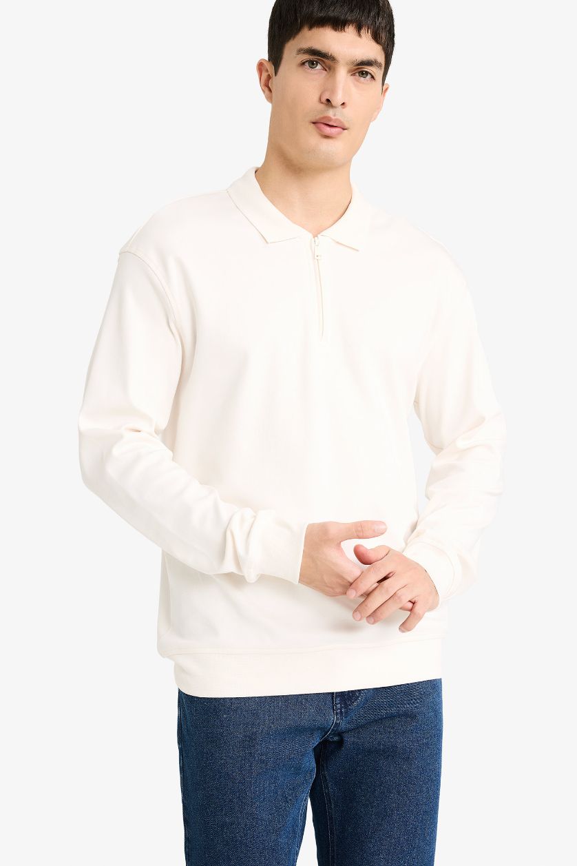 HOMME Écru Sweatshirt à col polo demi zippé Coupe régulière