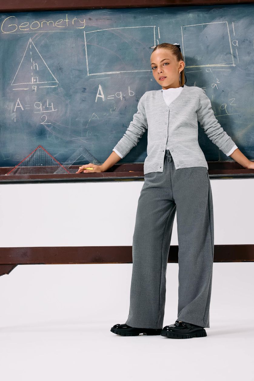 Kız Çocuk - Genç Kız Gri Wide Leg Geniş Paça Okul Pantolonu Kız Çocuk