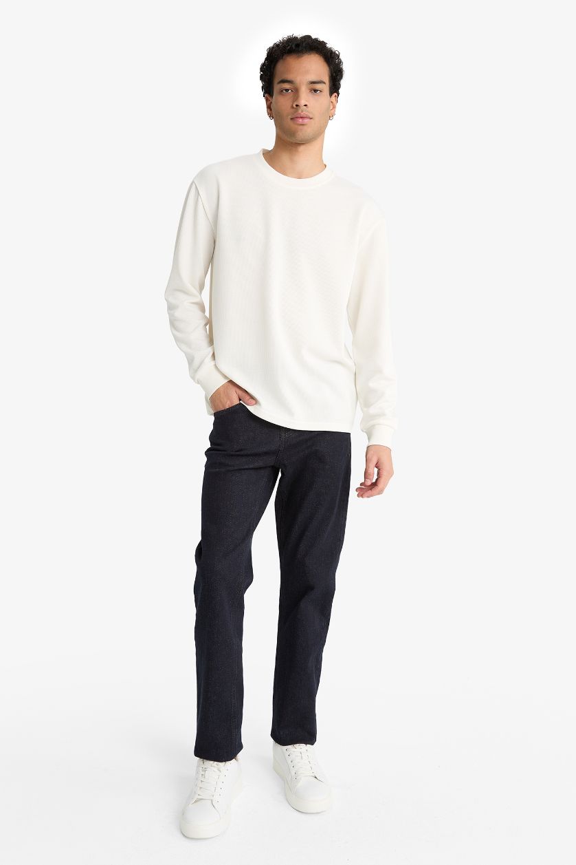 Erkek Ekru Regular Fıt Bisiklet Yaka Uzun Kollu Body