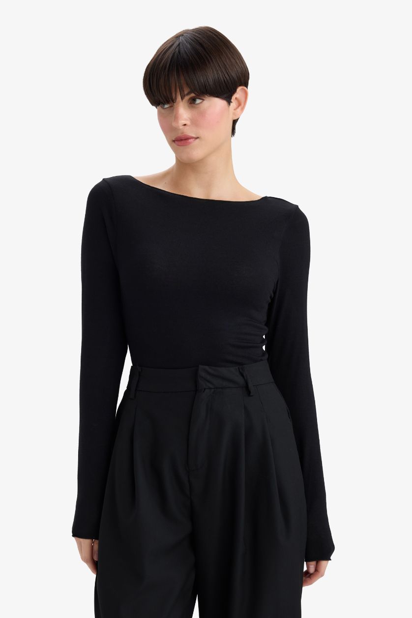 Kadın Siyah Modal Kaşmir Yumuşak Dokulu Kayık Yaka Uzun Kollu Üst