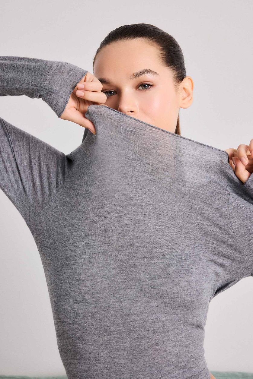 Kadın Gri Melanj Modal Kaşmir Yumuşak Dokulu Kayık Yaka Uzun Kollu Üst