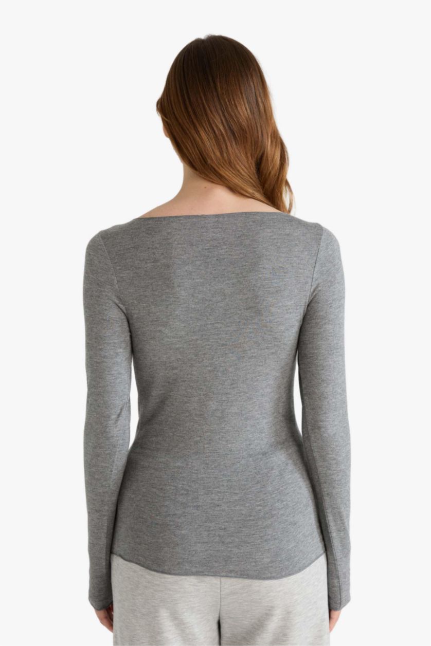 Kadın Gri Melanj Modal Kaşmir Yumuşak Dokulu Kayık Yaka Uzun Kollu Üst