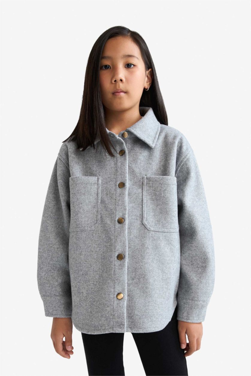 GIRLS & TEENS Light Grey Melange Girl Long Sleeve Buttoned Shirt