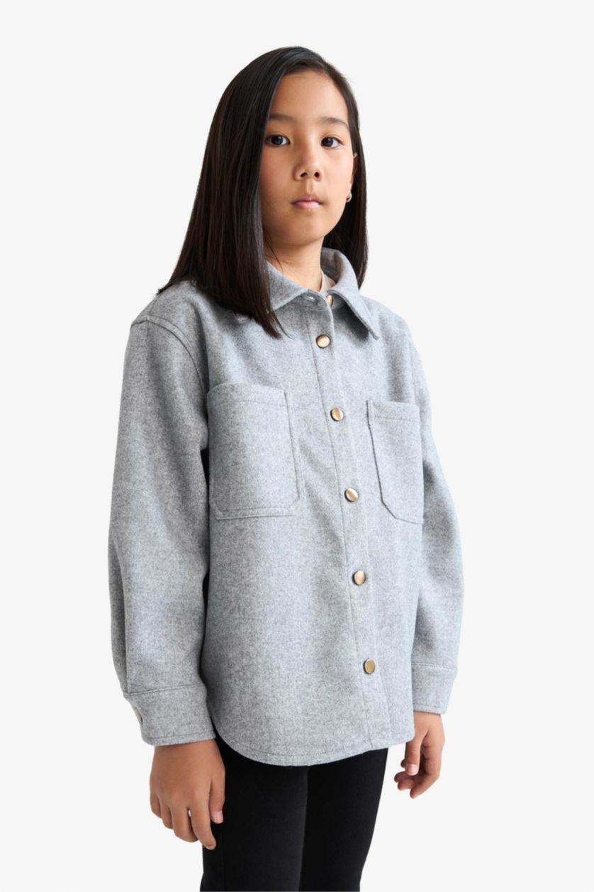 GIRLS & TEENS Light Grey Melange Girl Long Sleeve Buttoned Shirt