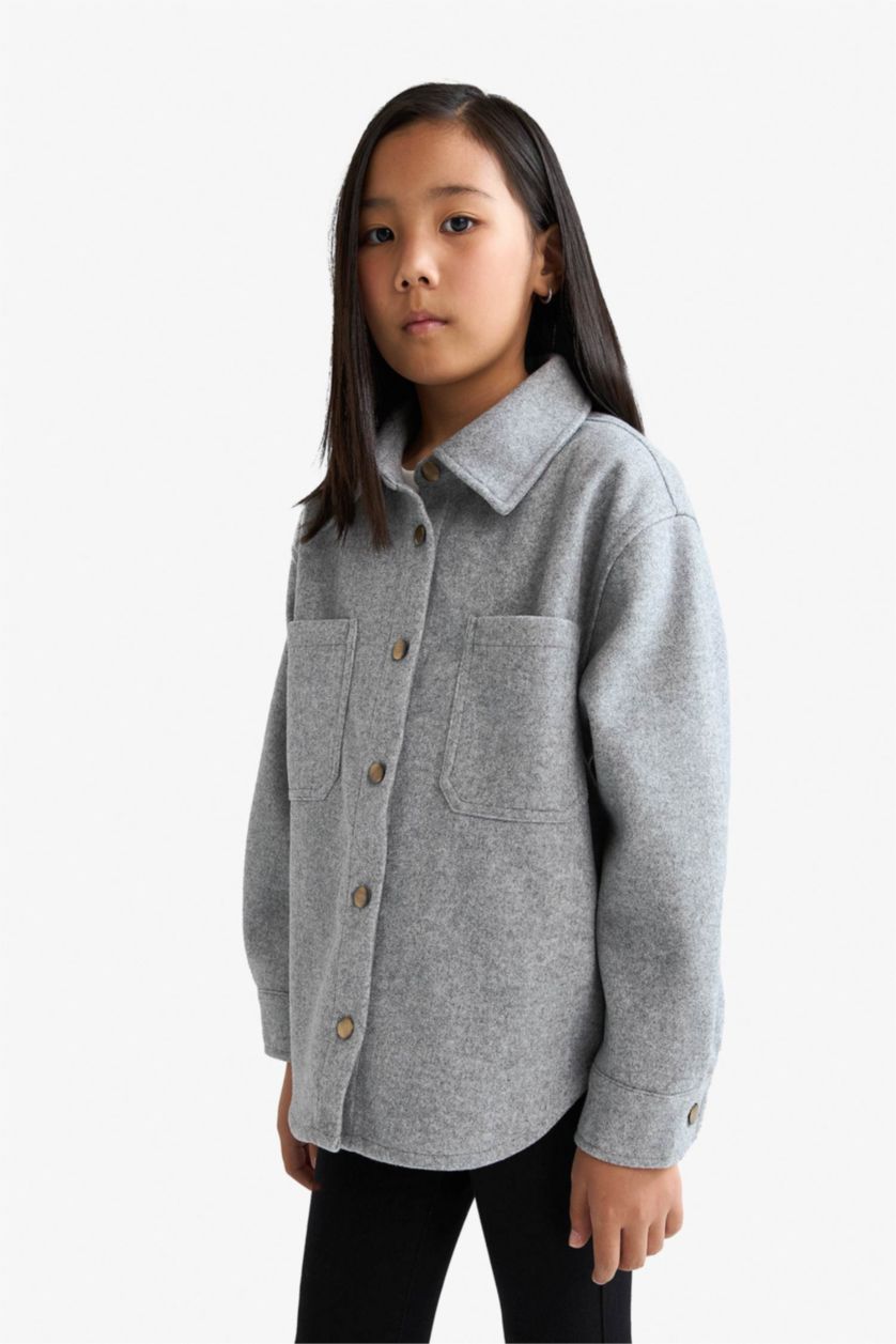GIRLS & TEENS Light Grey Melange Girl Long Sleeve Buttoned Shirt