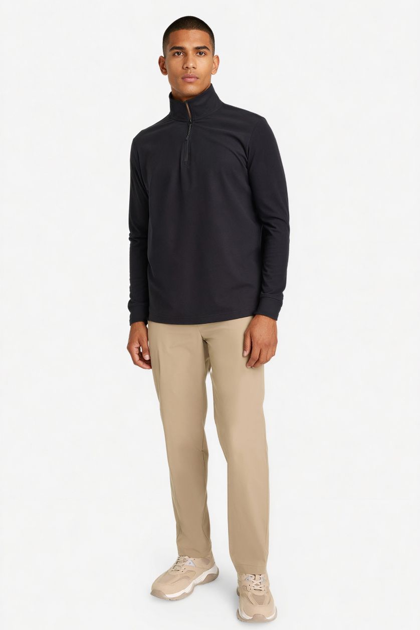 Erkek Siyah Standart Fit Dik Yaka Yarım Fermuarlı Polar Sporcu Sweatshirt