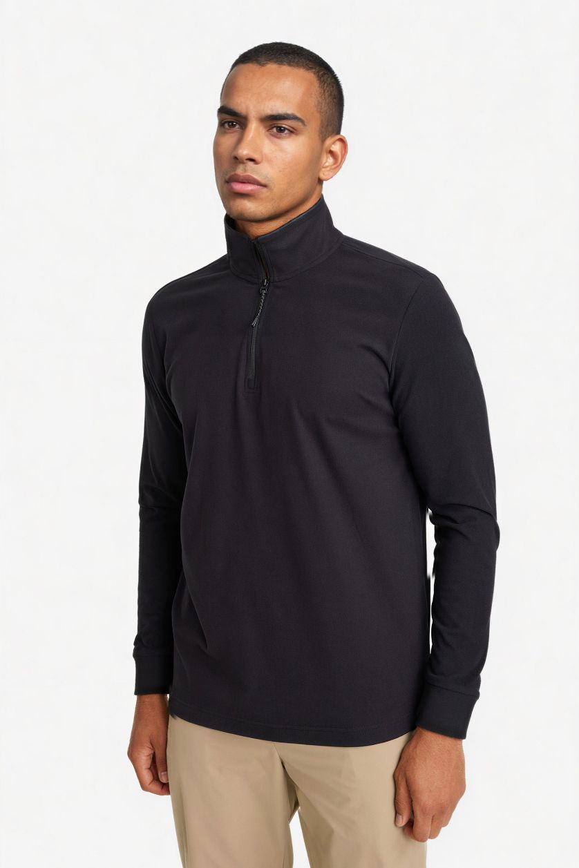 Erkek Siyah Standart Fit Dik Yaka Yarım Fermuarlı Polar Sporcu Sweatshirt