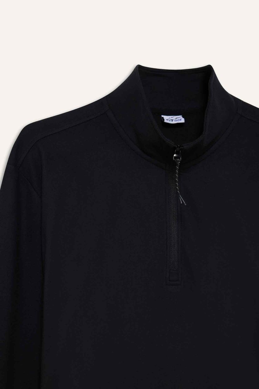 Erkek Siyah Standart Fit Dik Yaka Yarım Fermuarlı Polar Sporcu Sweatshirt