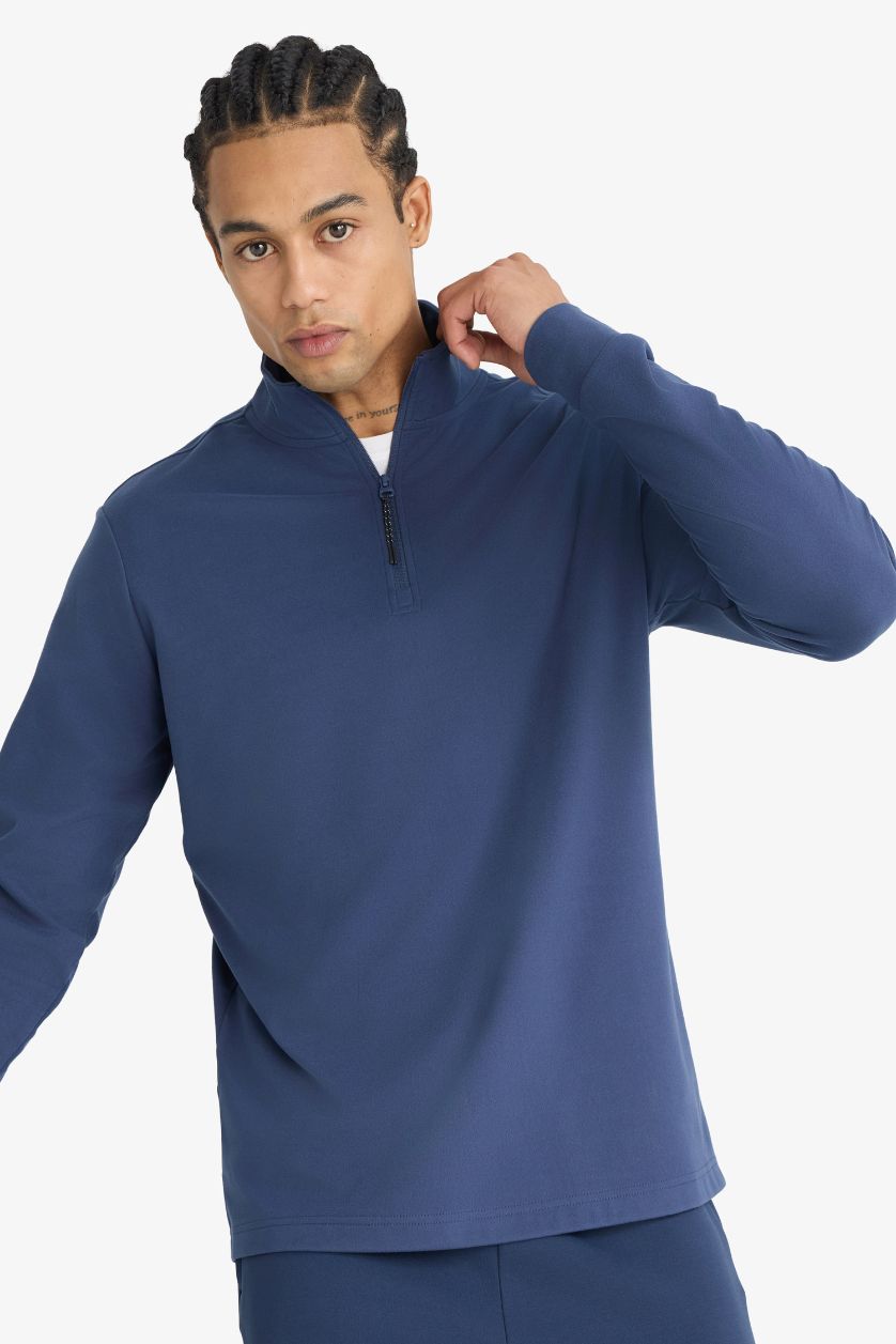 Erkek Lacivert Standart Fit Dik Yaka Yarım Fermuarlı Polar Sporcu Sweatshirt