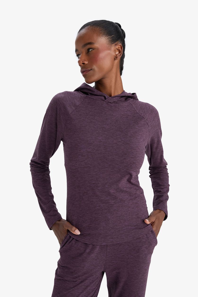 Женщины Темно-бордовый Спортивная футболка DeFactoFit стандартного кроя с капюшоном и длинным рукавом