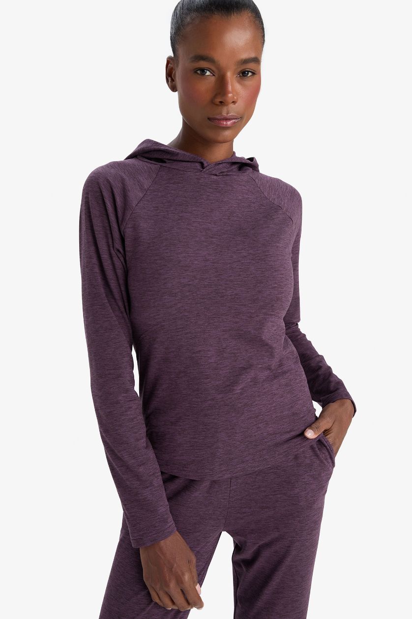 Женщины Темно-бордовый Спортивная футболка DeFactoFit стандартного кроя с капюшоном и длинным рукавом