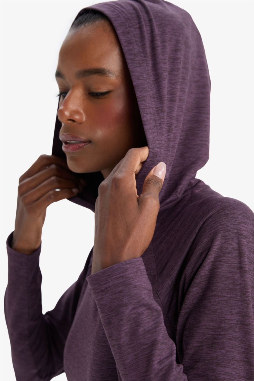 Женщины Темно-бордовый Спортивная футболка DeFactoFit стандартного кроя с капюшоном и длинным рукавом