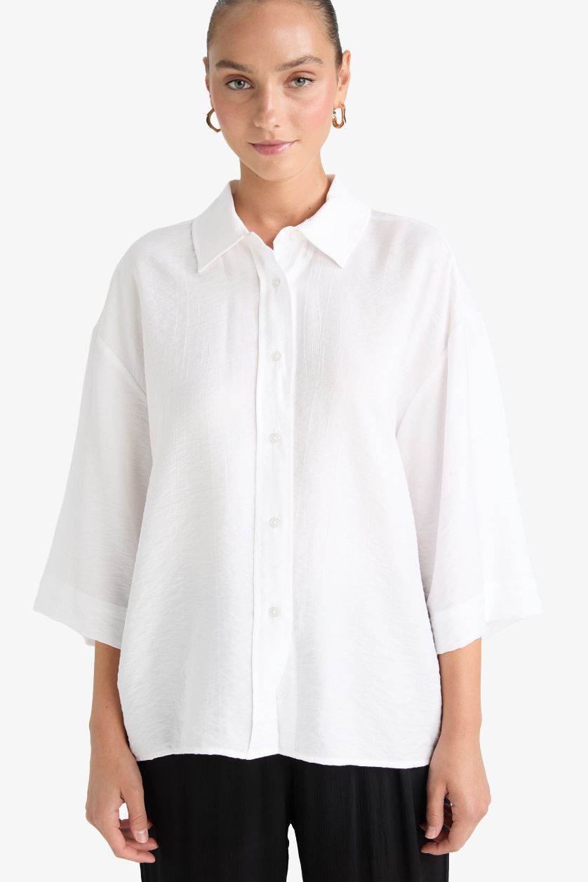 WOMAN White Oversize Fit Shirt Collar Crinkle Fabric Shirt