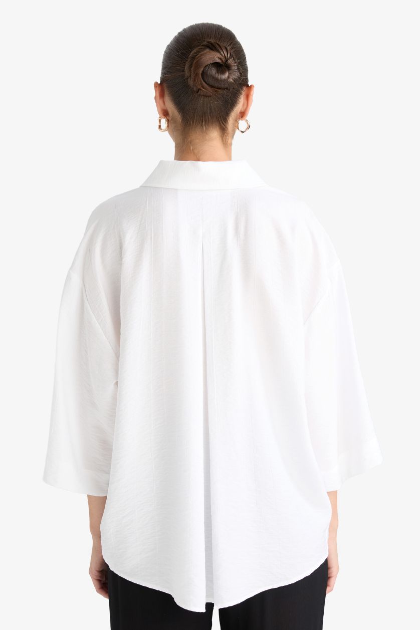 WOMAN White Oversize Fit Shirt Collar Crinkle Fabric Shirt
