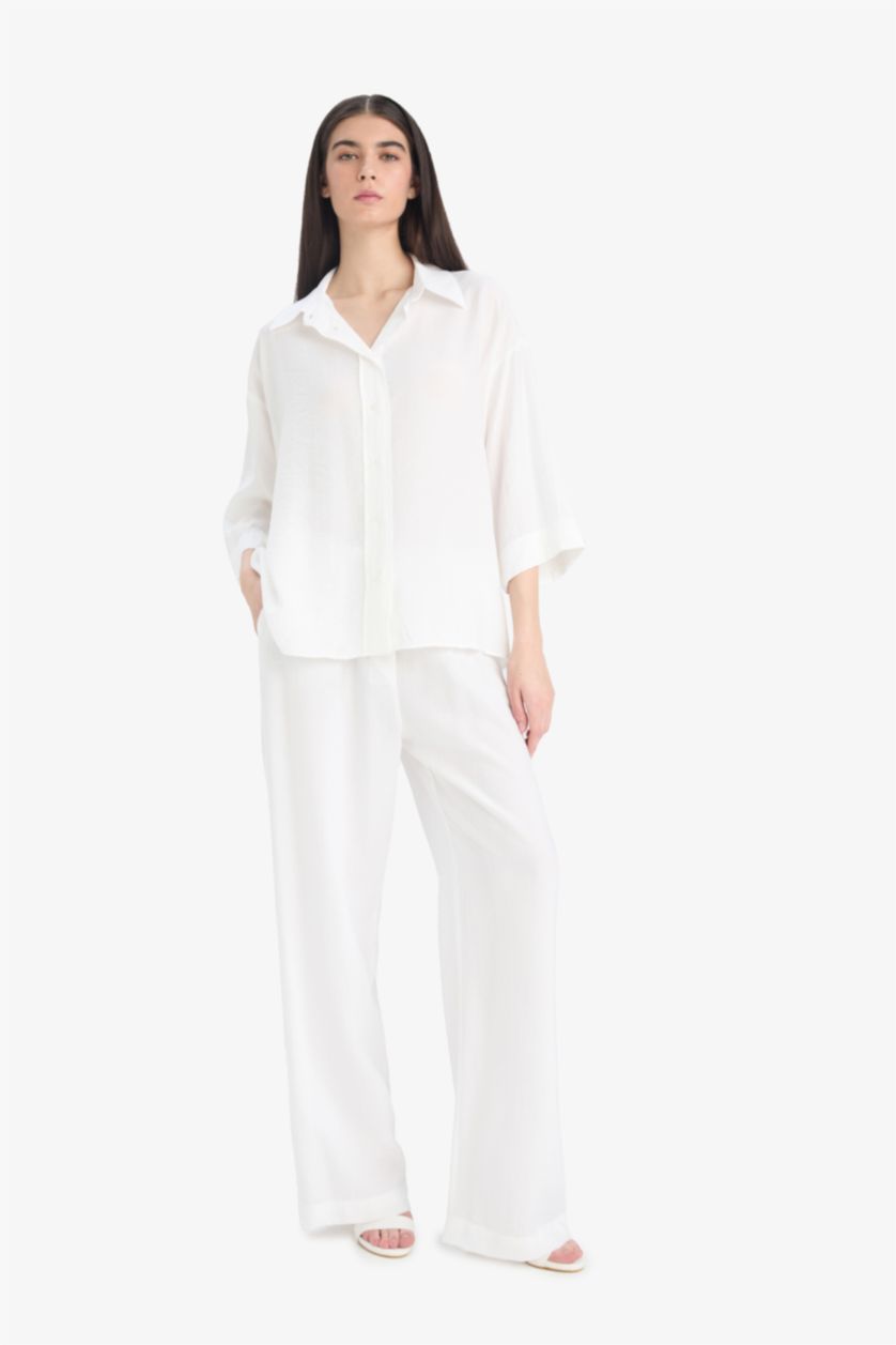 WOMAN White Oversize Shirt Collar Crinkle Fabric Long Sleeve Shirt