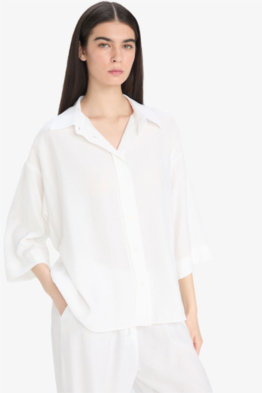 WOMAN White Oversize Shirt Collar Crinkle Fabric Long Sleeve Shirt