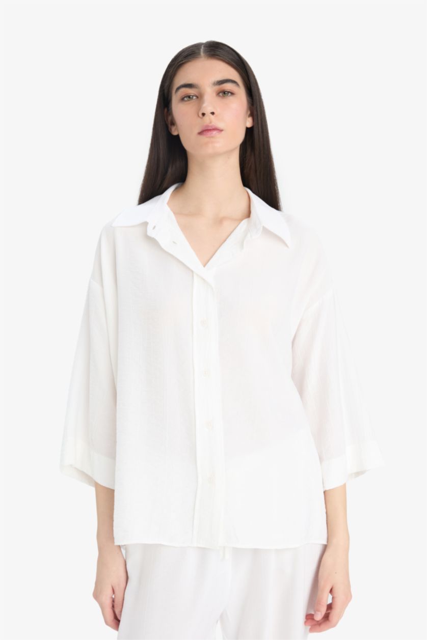 WOMAN White Oversize Shirt Collar Crinkle Fabric Long Sleeve Shirt