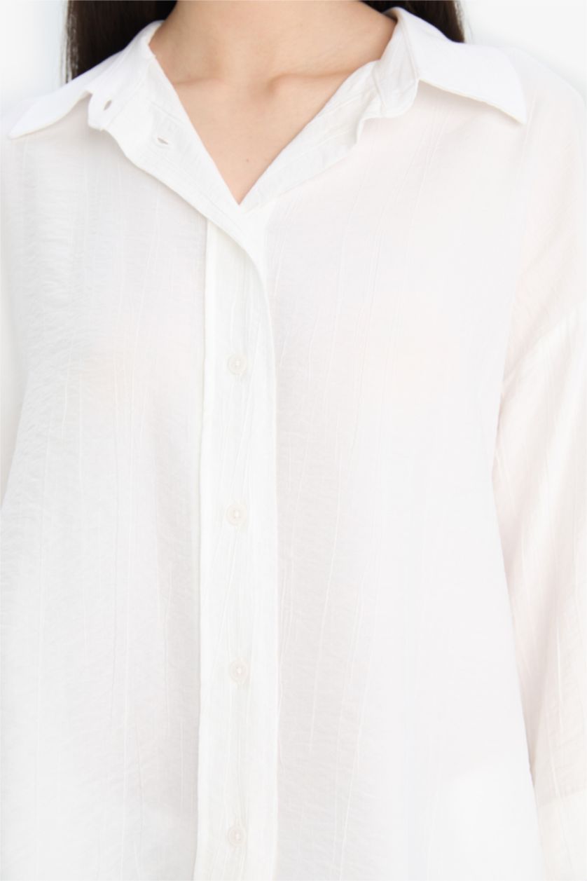 WOMAN White Oversize Shirt Collar Crinkle Fabric Long Sleeve Shirt