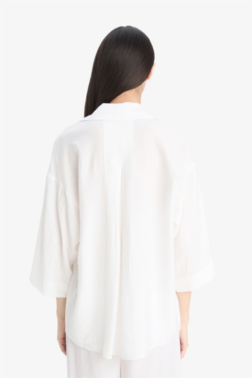 WOMAN White Oversize Shirt Collar Crinkle Fabric Long Sleeve Shirt
