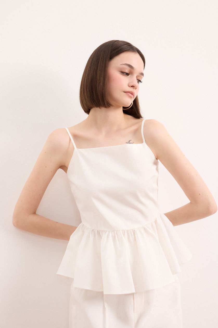 Woman White Fitted Flounce Poplin Strappy White Blouse