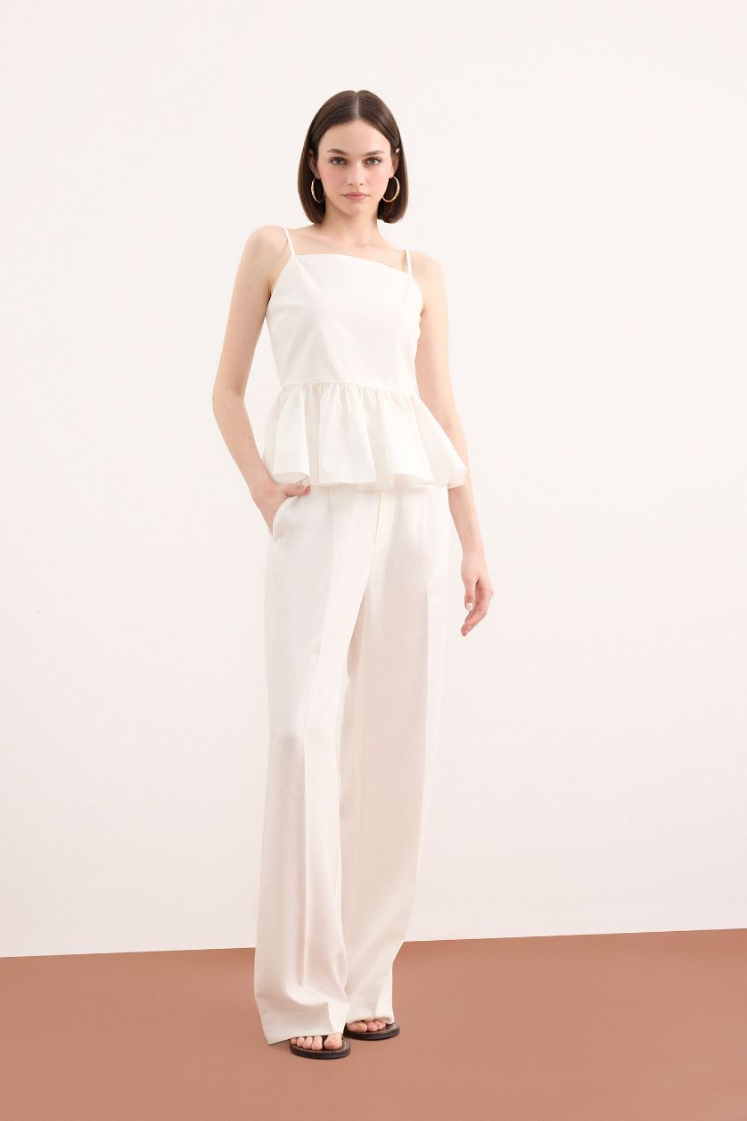 Woman White Fitted Flounce Poplin Strappy White Blouse