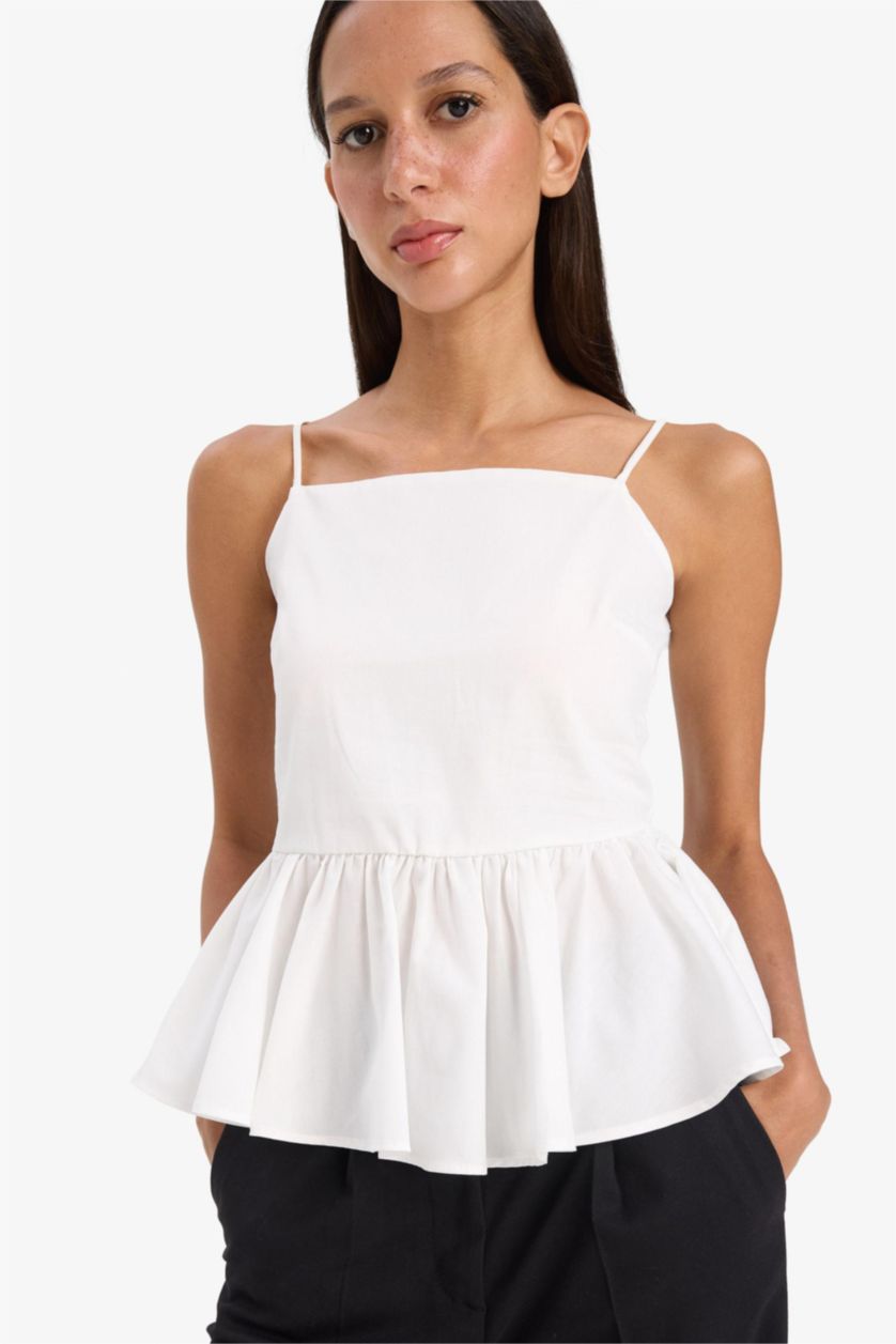 Woman White Fitted Flounce Poplin Strappy White Blouse
