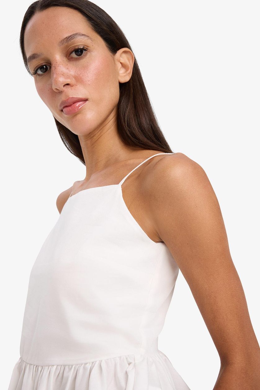 Woman White Fitted Flounce Poplin Strappy White Blouse