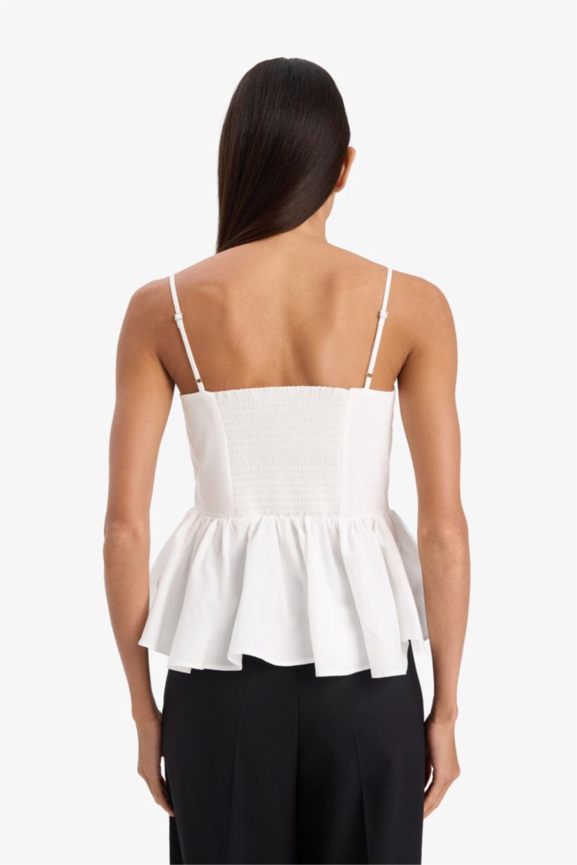 Woman White Fitted Flounce Poplin Strappy White Blouse