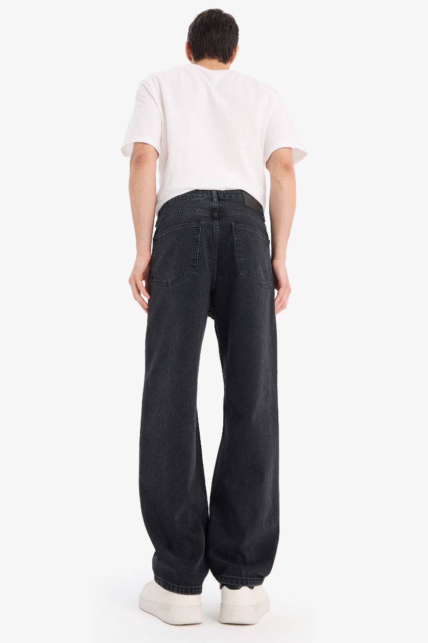 Erkek Antrasit %100 Pamuk Baggy Fit Geniş Kalıp Düz Paça Jean Yıkamalı Pantolon