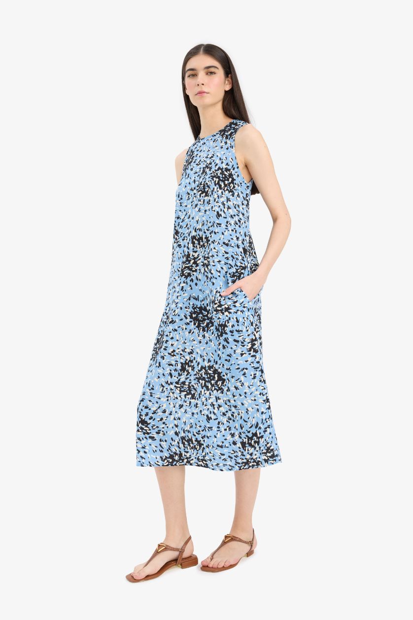 FEMME Bleu Robe mi-longue fleurie sans manches à col halter avec poches