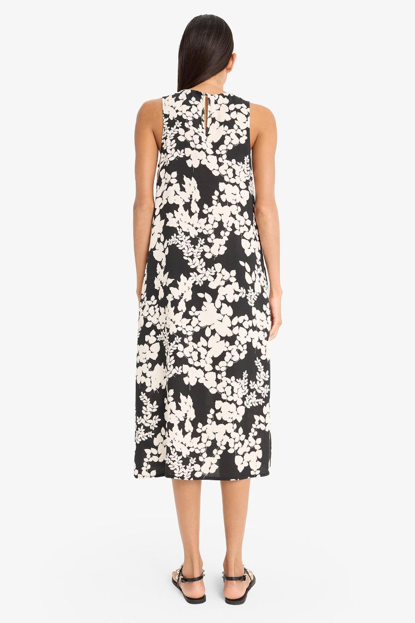 Kadın Siyah Halter Yaka Çiçek Desenli Cepli Kolsuz Midi Yazlık Elbise