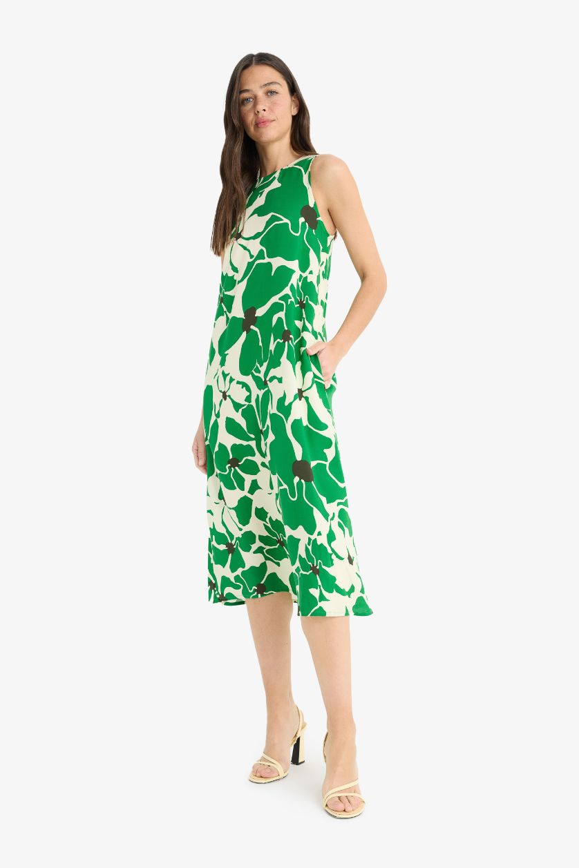 FEMME Vert Robe mi-longue fleurie sans manches à col halter