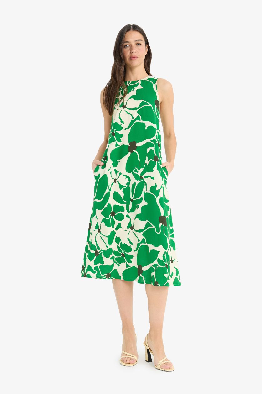 FEMME Vert Robe mi-longue fleurie sans manches à col halter