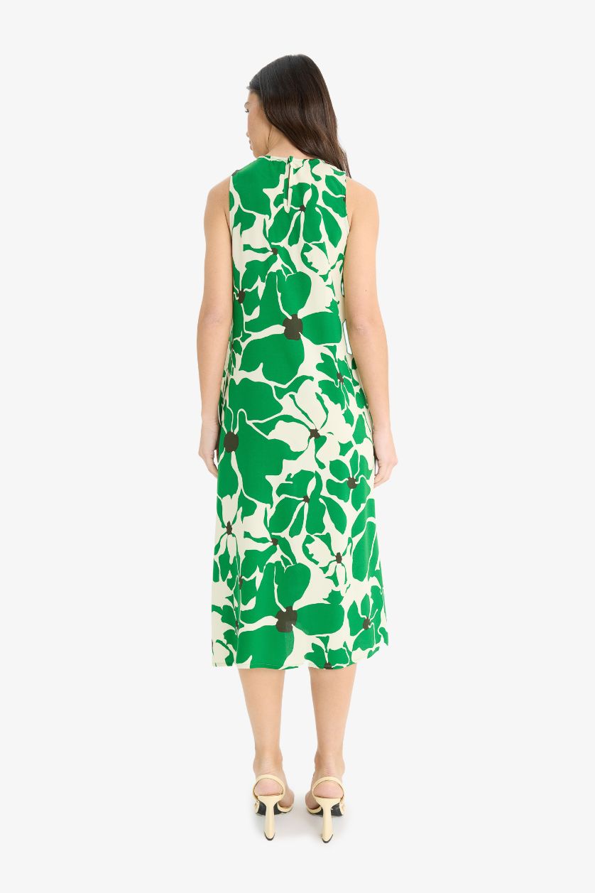 FEMME Vert Robe mi-longue fleurie sans manches à col halter