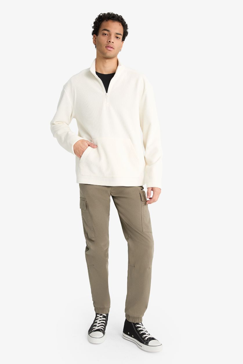 Erkek Ekru Yumuşak Tuşe Kadife Sweatshirt