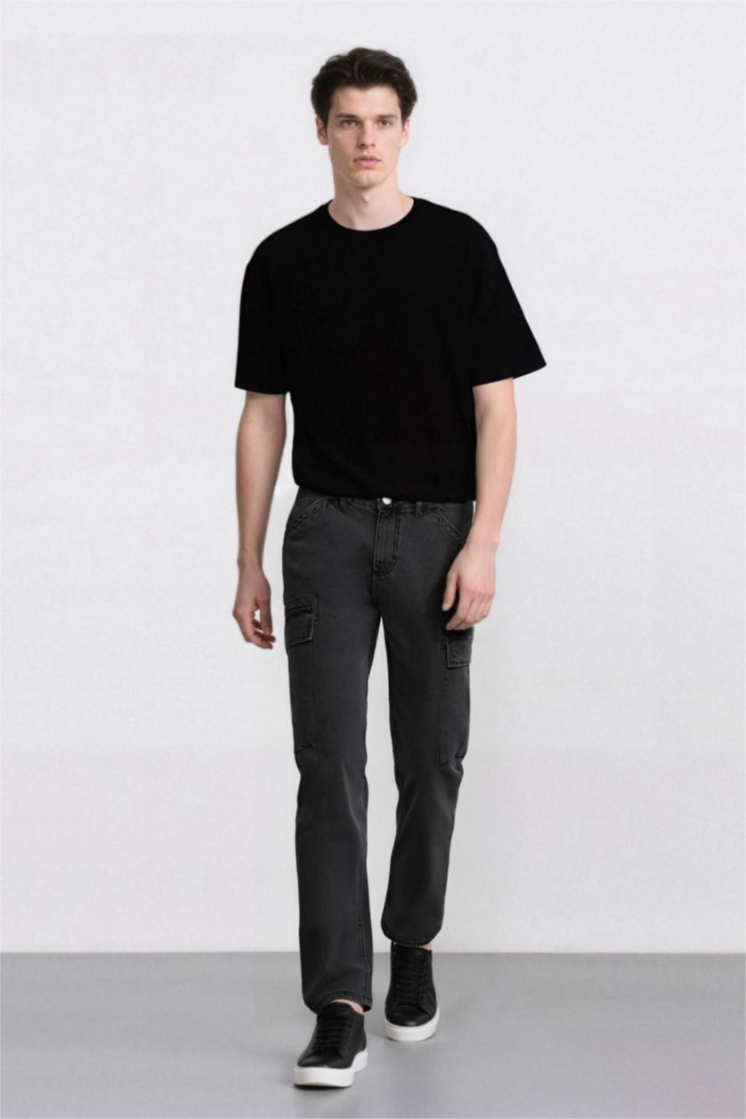 Erkek Antrasit %100 Pamuk Relax Fit Rahat Kesim Düz Paça Kargo Cepli Jean Pantolon