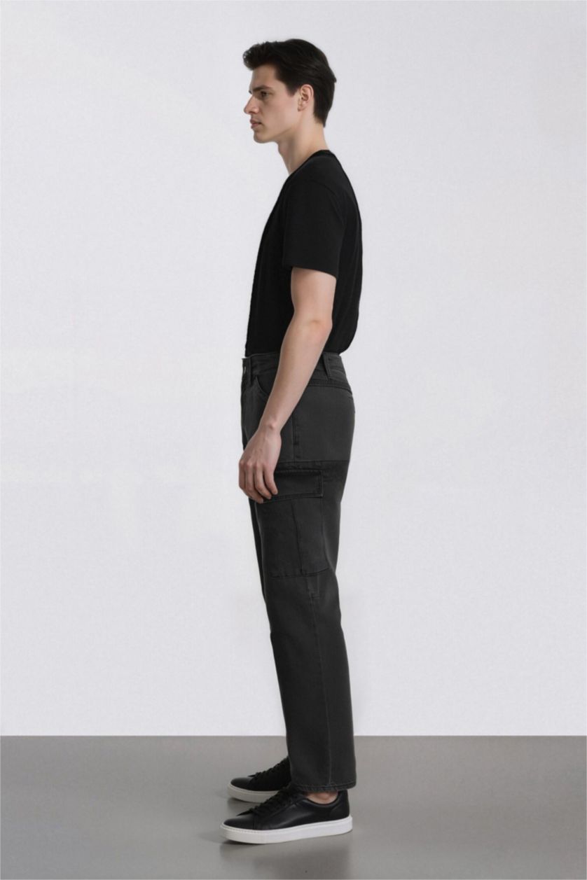 Erkek Antrasit %100 Pamuk Relax Fit Rahat Kesim Düz Paça Kargo Cepli Jean Pantolon