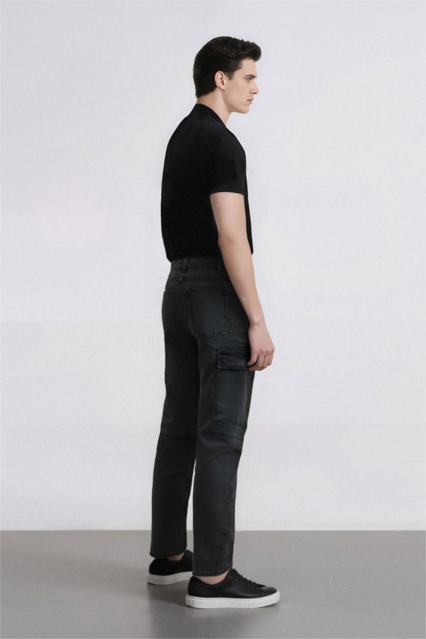 Erkek Antrasit %100 Pamuk Relax Fit Rahat Kesim Düz Paça Kargo Cepli Jean Pantolon