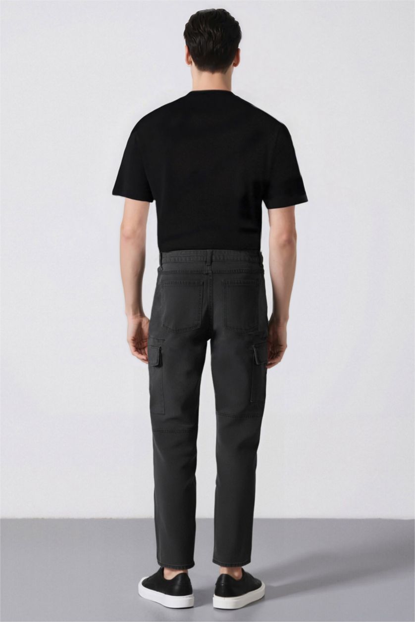 Erkek Antrasit %100 Pamuk Relax Fit Rahat Kesim Düz Paça Kargo Cepli Jean Pantolon