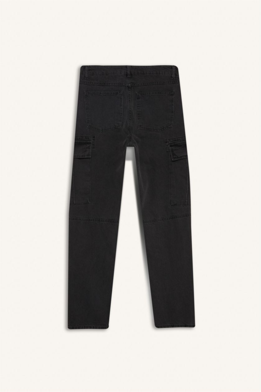 Erkek Antrasit %100 Pamuk Relax Fit Rahat Kesim Düz Paça Kargo Cepli Jean Pantolon