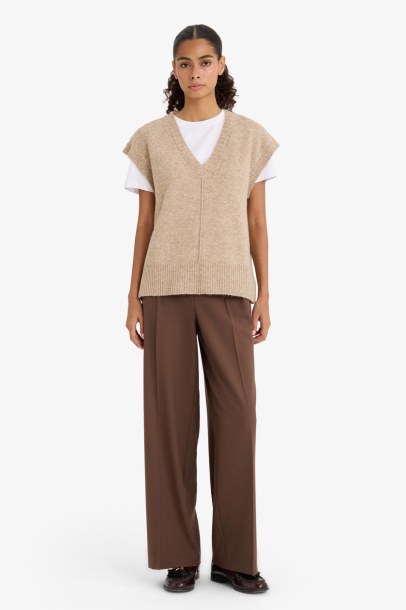 Әйелдерге Қоңыр қалыпты пішім v жаға трикотаж Жилет