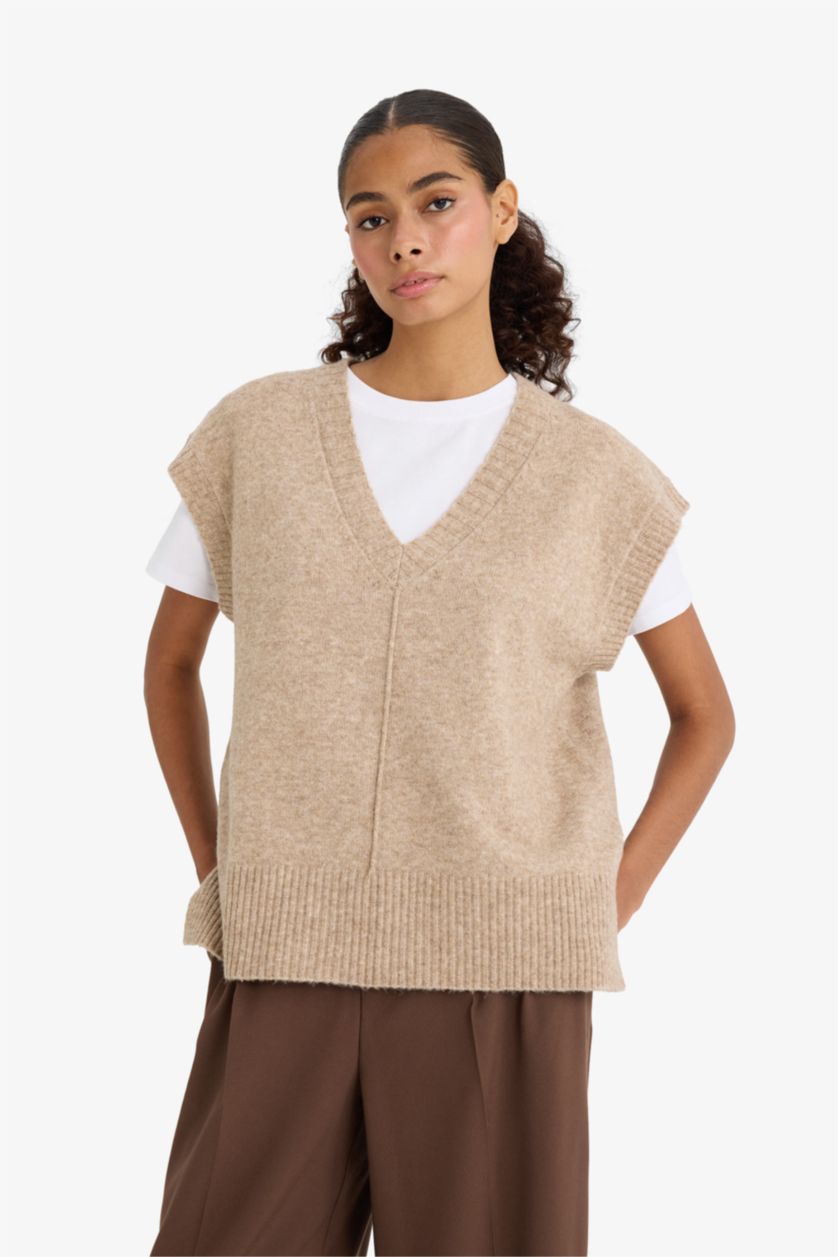 Әйелдерге Қоңыр қалыпты пішім v жаға трикотаж Жилет